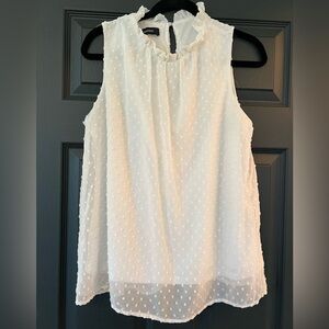 Amanda & Chelsea Cream Swiss Dot Sleeveless Ruffle Neck Blouse